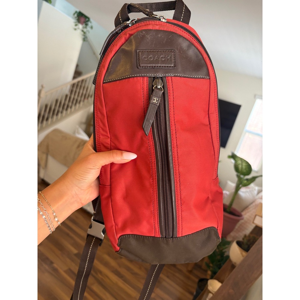 Coach Thompson Heritage Sling Bag Red Nylon Brown Leather Crossbody F70692 Mens